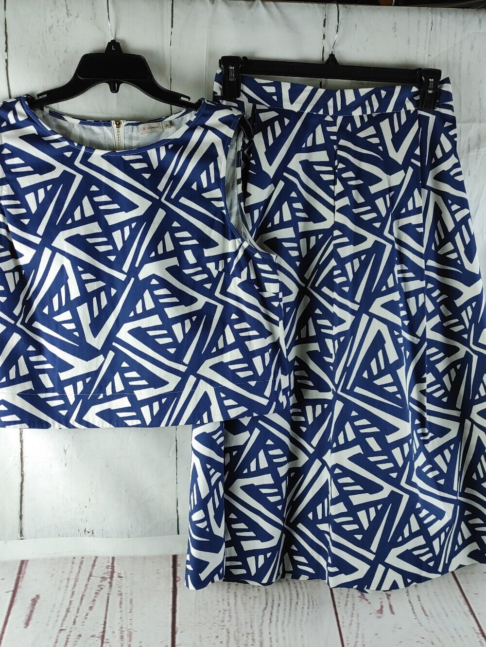 Cremieux Women 2 Piece Skirt Set Size L Top & Size 8 Skirt Blue White Geometric